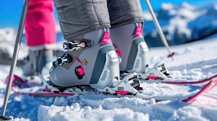 Naklejka premium Close-Up of Ski Boots with Vibrant Colors on a Snowy Mountain Landscape in Winter Wonderland
