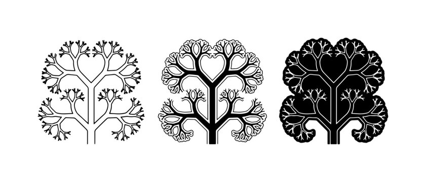 Fractal Tree Vector Icons, Black and White Organic Growth Patterns, Abstract Nature Design Elements
