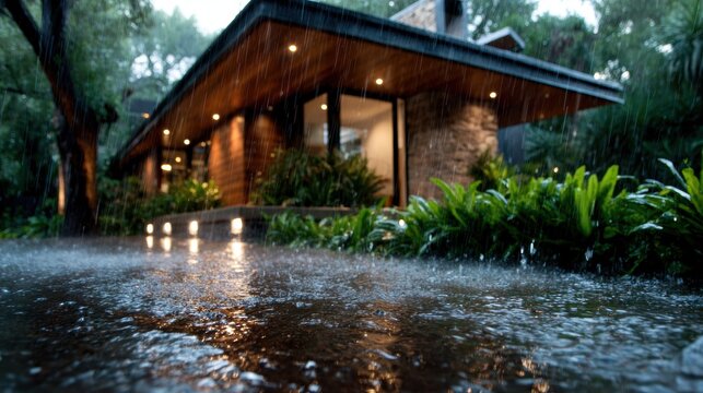 A contemporary home nestled amidst lush tropical landscaping, showcasing standing water from recent rain, highlighting nature&rsquo;s beauty and architectural elegance.