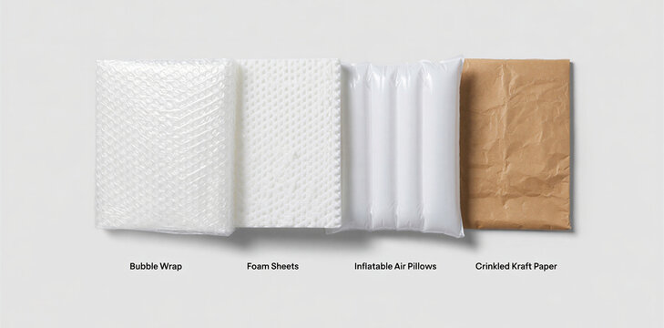 Set of protective packaging materials including foam sheets plastic film air cushions and kraft paper with e commerce packaging materials cushioning protective shipping delivery commerce
