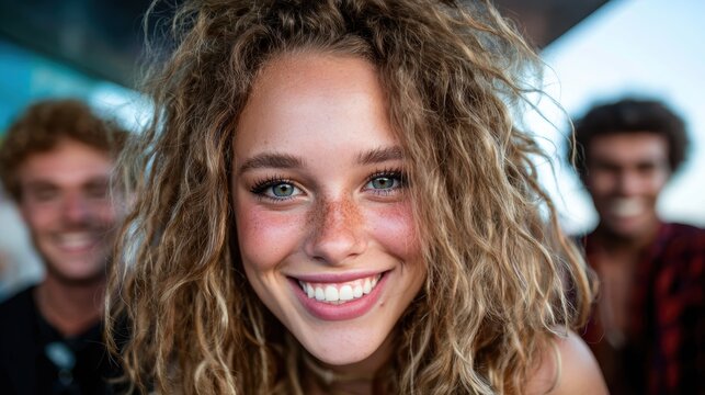 A joyful close-up portrait of a young woman with curly hair and freckles, beaming with a radiant smile amid a lively background, embodying happiness and youthfulness.