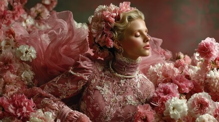 Fototapeta premium A breathtaking portrait of a woman in a stunning pink dress, gracefully surrounded by vibrant floral arrangements, embodying beauty, femininity, and a dreamy atmosphere.