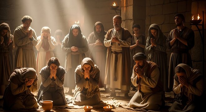 A group of people in ancient robes praying together in a dimly lit room with candles