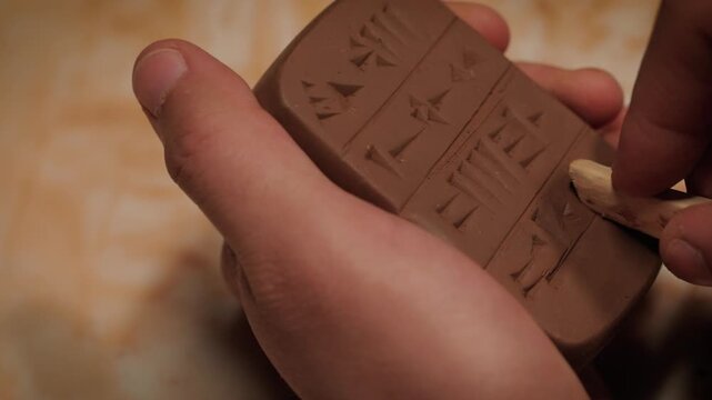 Close-up of hands carving cuneiform-like symbols onto a clay tablet using a wooden stylus. Concept representing Mesopotamian history, archaeological findings, and ancient communication methods.