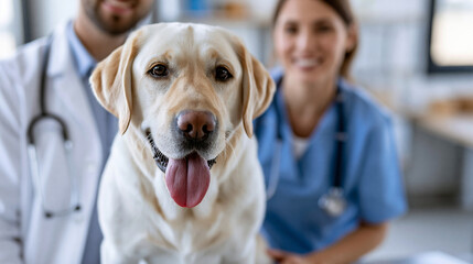 Veterinarian and nurse posing beside an exam table with a labrador during a clinic checkup, pet healthcare teamwork concept, faceless, defocused clinic background, with copy space