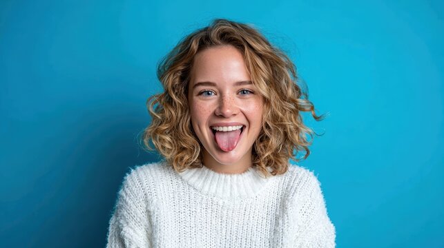 A lighthearted image of a young woman playfully sticking her tongue out while smiling against a blue background, radiating joy, spontaneity, and youthful spirit.
