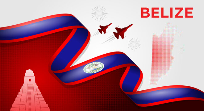 Belize National Day Background with Waving Flag Ribbon, Belize Map and Skyline Vector Illustration