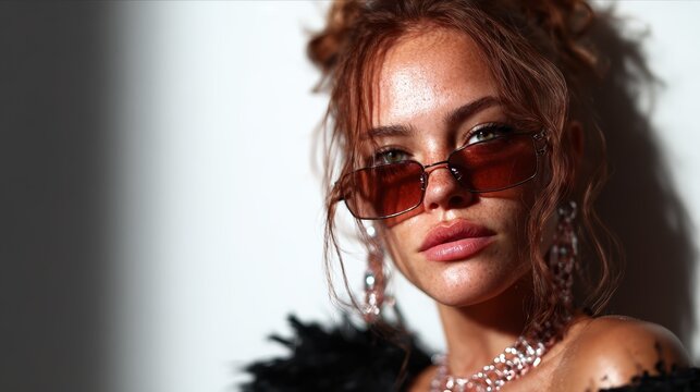 A striking young woman flaunts her stylish look with sunglasses and glamorous jewelry, capturing modern beauty, confidence, and contemporary fashion in a chic atmosphere.