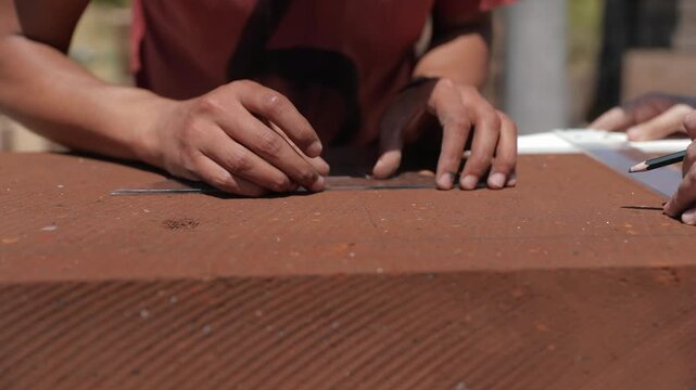 Macro detail of a master craftsman drawing precise lines on a volcanic stone surface with a ruler for traditional carving under sunlight.