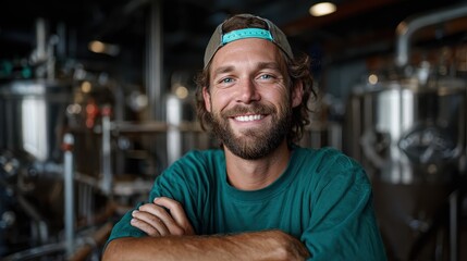 Obraz premium A smiling young man leans confidently in a brewery, showcasing a friendly demeanor and casual vibe, embodying the spirit of craftsmanship and community in brewing.