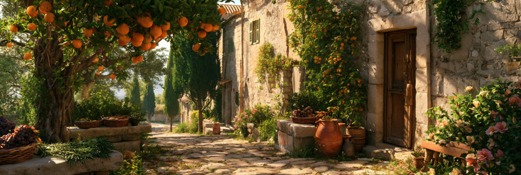 golden hour in a spanish mediterranean village with citrus and flowers, romantic mediterranean village street with oranges grapes and rosemary, rustic spanish countryside scene with blooming flowers 