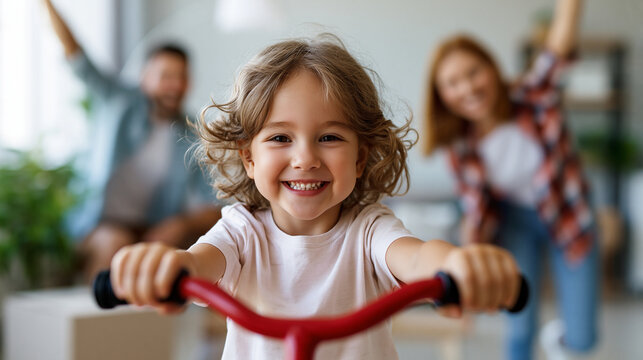 Excited child riding a tricycle indoors while parents celebrate moving into a new home, family relocation joy and new chapter concept, faceless, defocused bright room, with copy