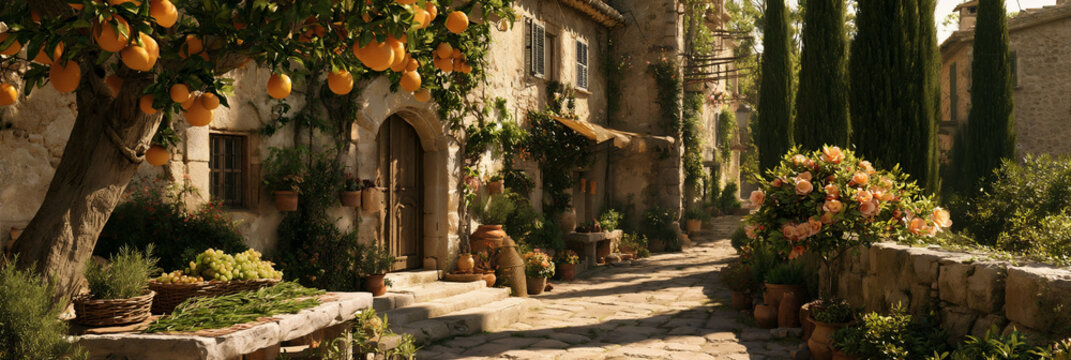 golden hour in a spanish mediterranean village with citrus and flowers, romantic mediterranean village street with oranges grapes and rosemary, rustic spanish countryside scene with blooming flowers 