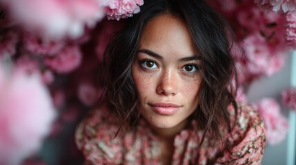 A stunning close-up portrait of a woman surrounded by vibrant pink flowers, captivating the essence of beauty and serenity within a lush floral setting.