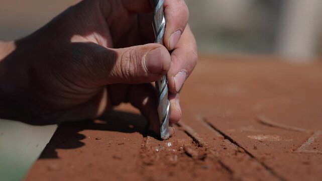 Close-up of a traditional stonemason using a metal chisel to carefully carve detailed lines into an Ahlat stone (volcanic tuff). Historical stonework and craftsman's precision process.