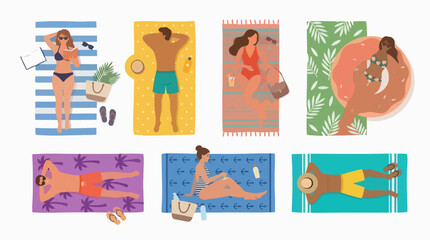 Fototapeta premium Flat Vector Illustration Set People Sunbathing Beach Summer Vacation Commercial Use