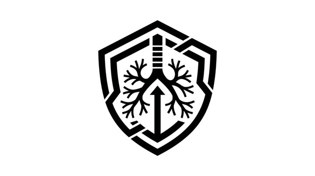 Stylized black and white shield logo featuring a human lung and trachea design with an upward arrow, symbolizing protection and respiratory health.