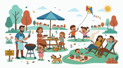 Fototapeta premium Flat Vector Illustration Family Picnic Park Fun Outdoor Activity Commercial Use