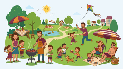 Fototapeta premium Flat Vector Family Picnic Park Summer Outdoor Activity Illustration Commercial Use