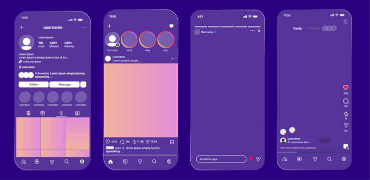 Instagram iOS 26 Liquid Glass Social Media Mockup. Instagram post Story Reels mockup template with grid size, new post, Reels, Story frame layout. Instagram post mockup with smartphone.