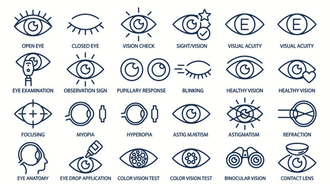 Ophthalmology and Vision Care Icons: Eye Health, Examination, and Correction