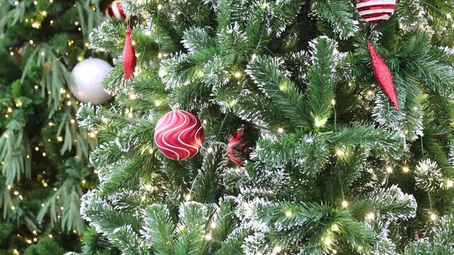 big christmas tree with fake snow and red swirl ornaments. bright warm lights shining on green branches. traditional holiday setup