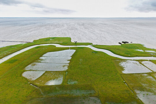 Aerial view of lush green wetlands and flooded agricultural fields with a winding canal under a cloudy sky in Sunamganj, Sylhet Division, Bangladesh.