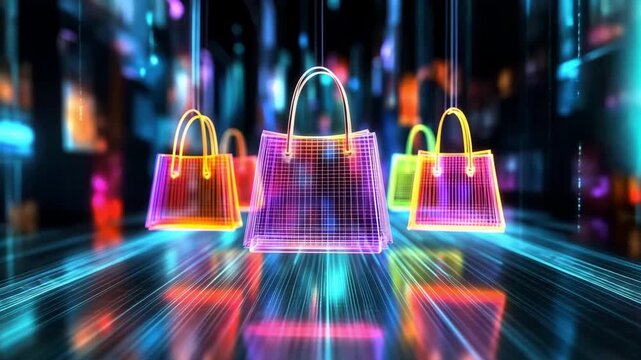 Neon shopping bags float in a digital space filled with bright colors and abstract patterns during a vibrant display
