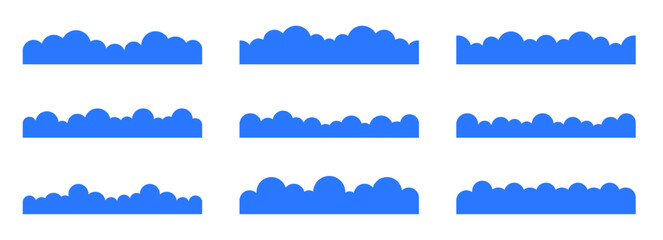 Fototapeta na wymiar Simple clouds divider web site separator set. Fluffy curve edge header section. Blue border for banner, frame bottom, template