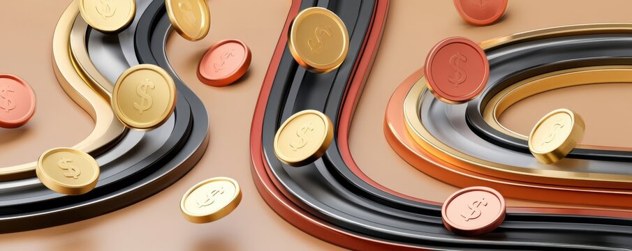 Gold and copper dollar coins flowing along glossy curved tracks representing money, finance and commerce