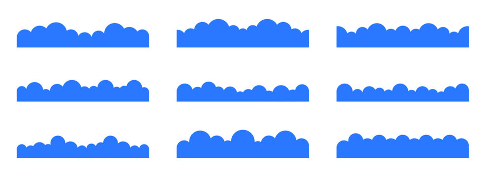 Simple clouds divider web site separator set. Fluffy curve edge header section. Blue border for banner, frame bottom, template