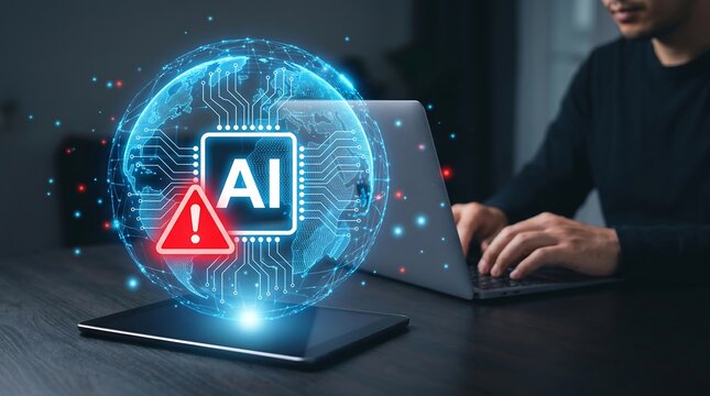 Artificial Intelligence risk and ethics warning concept illustrating global cybersecurity threats and data privacy concerns for future technology regulation.