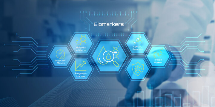 Modern digital illustration showcasing various types of biomarkers used in medical diagnostics and research technology