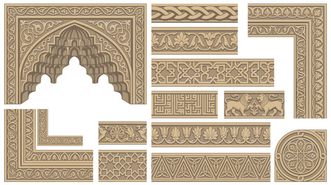 Seljuk Turkish Stonework Carved Border Frame Vector Set with Braided Rope Muqarnas Rumi Arabesque Geometric Interlace Kufic and Anatolian Stone Design