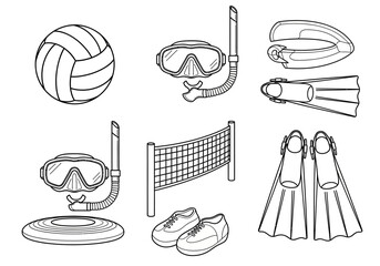 Summer Beach Sports and Diving Equipment Icon Set, Minimalist Line Art Illustration of Volleyball, Snorkel Mask, Fins, and Net for Coloring or Design © Tika