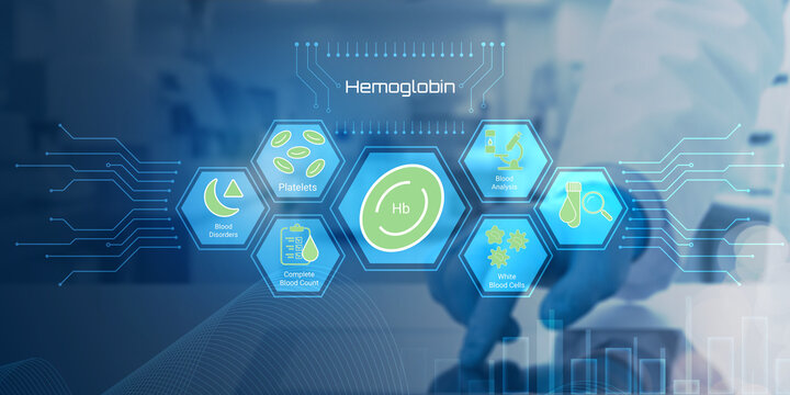 Modern digital illustration showing hemoglobin blood components and related health metrics with futuristic circuit design elements