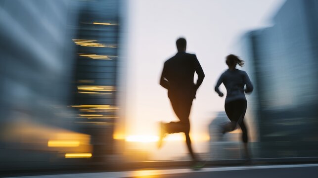 Two runners move quickly in a city during sunset with tall buildings in the background and a warm glow in the sky