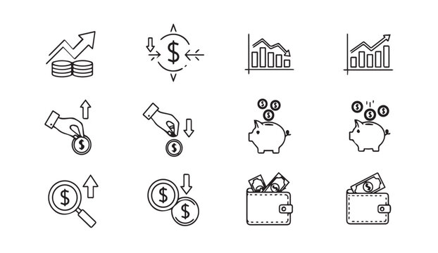 Financial growth and decline icons with upward and downward arrows and coins in a grid
