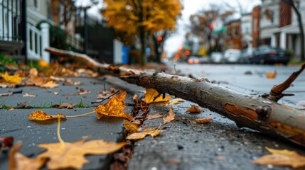 Fototapeta premium Fallen Branch and Colorful Autumn Leaves on Wet Pavement in Residential Neighborhood During Rainy Season