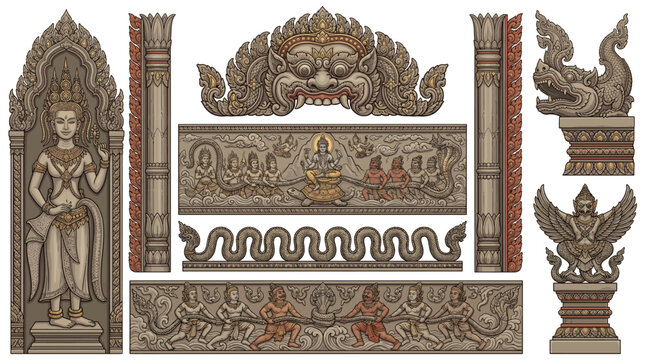 Khmer Angkor Wat Devata Temple Border Frame Vector Set with Apsara Churning Sea Kala Demon Naga Serpent Makara Garuda and Stone Carving Design
