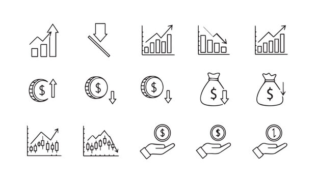 Financial growth and decline icons with upward and downward bar charts and currency symbols