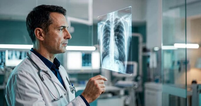 A doctor examining holographic chest x ray with a glowing tuberculosis lesion in modern radiology lab