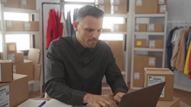 Man typing on a laptop at a packing desk amid shipping boxes and clothing racks inside a small fulfillment building, later covering his face in visible frustration; entrepreneur frustration.