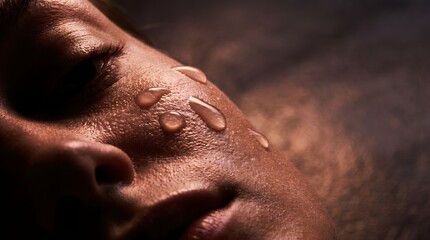 Fototapeta premium Extreme close up of raw facial skin texture with heavy hydrating serum drops under warm dramatic cinematic lighting