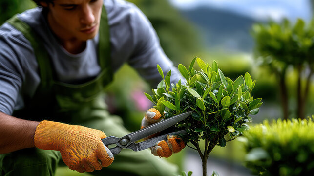 Gardener pruning shrub hedge shears glove apron garden, focused man trimming green topiary for neat landscaping, closeup bokeh