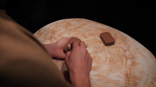 Close-up of hands writing cuneiform on a clay tablet in the style of ancient Mesopotamia, historical reenactment.