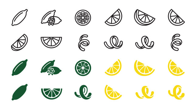 Lemon and lime citrus fruit icon set collection with ingredient silhouette collection vegetarian refreshing