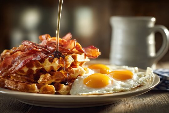 American weekend breakfast plate with stack of waffles, crispy bacon, fried eggs and maple syrup drizzling down