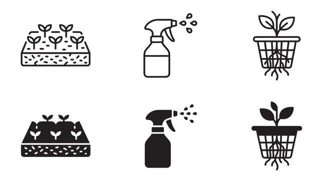 Gardening icon set showing seedlings spray bottle and hydroponic plant system with gardening seedling hydroponics