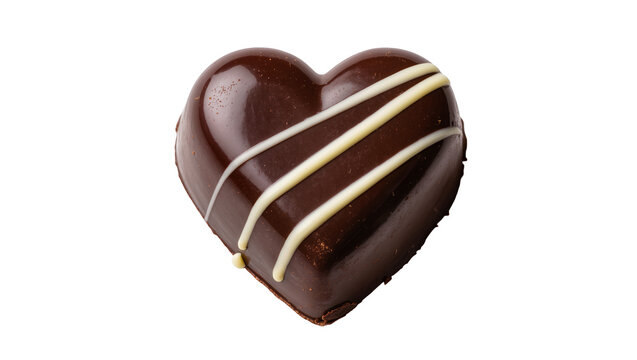 Dark chocolate heart candy with white drizzle, isolated on transparent background
